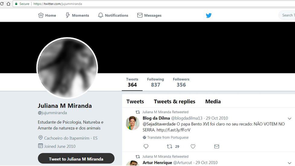 The Twitter profile of "Juliana M Miranda". The profile picture was taken from a blogger in Finland