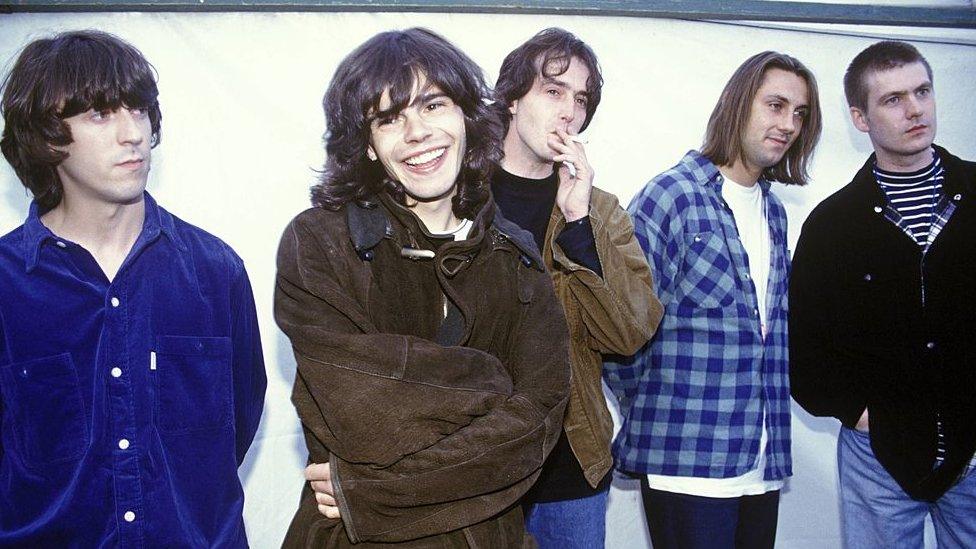 (L-R) Mark Collins, Tim Burgess, Rob Collins, Jon Brookes and Martin Blunt of The Charlatans at Reading Festival in 1992