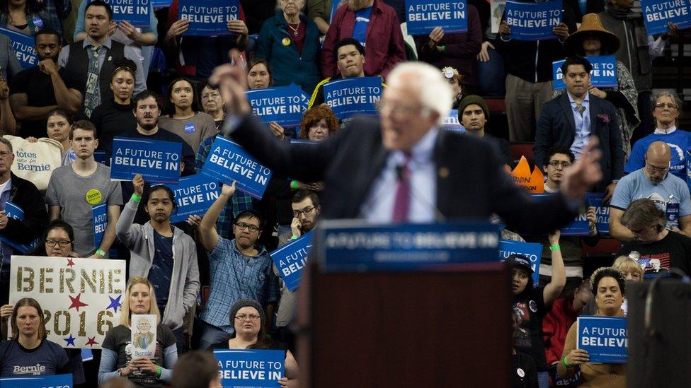 Bernie Sanders fans watch their candidate deliver a speech