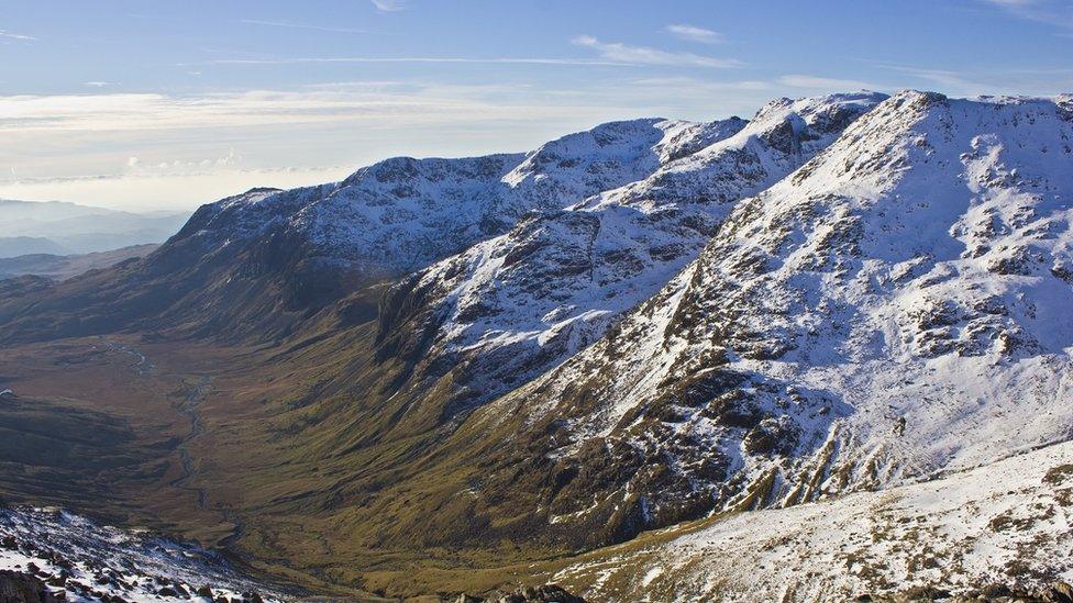 The Scafells pictured from Esk Pike in winter