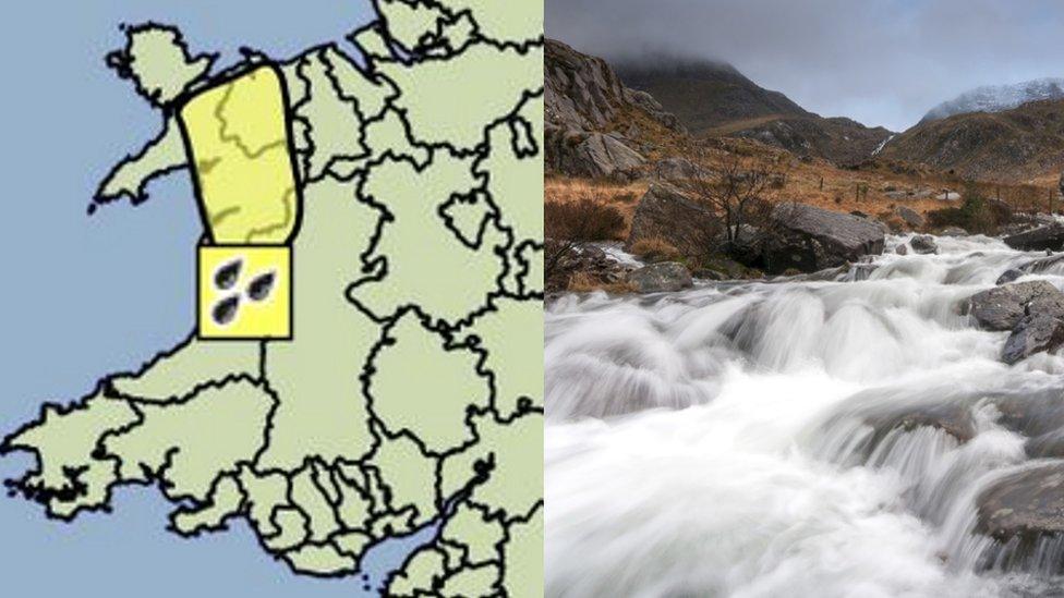 Weather warning map and river at Cwm Idwal, Gwynedd