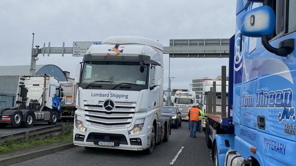 Lorrys taking part in protest at Dublin Port