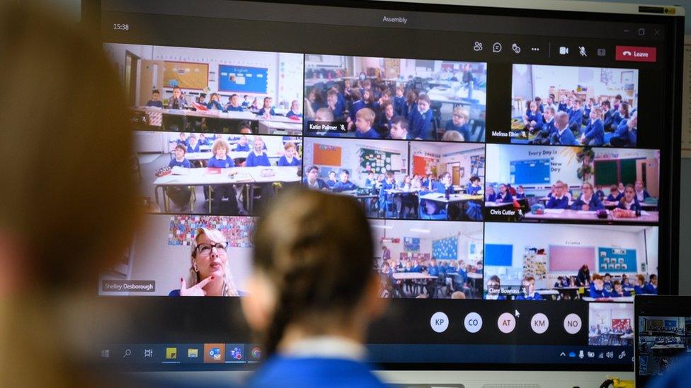 Pupils at a school in Bedford on a bubble friendly school video call