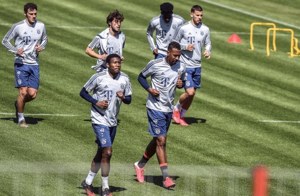 Bayern Munich players attend their team's training session at the German Bundesliga club's ground in Munich, Germany, 6 May 2020