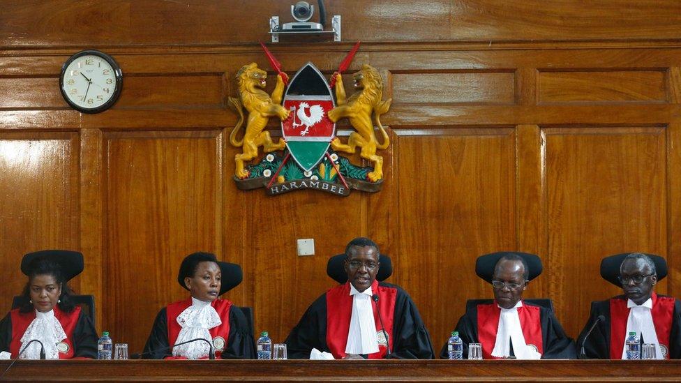 Five of seven of Kenya Supreme Court judges (L-R) Njoki Ndungu, Deputy Chief Justice Philomena Mwilu, Chief Justice David Maraga, Jackton Ojwang and Isaac Lenaola 20/09/2017