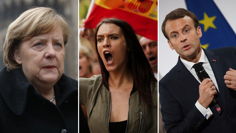 Angela Merkel, a Spanish protester and Emmanuel Macron