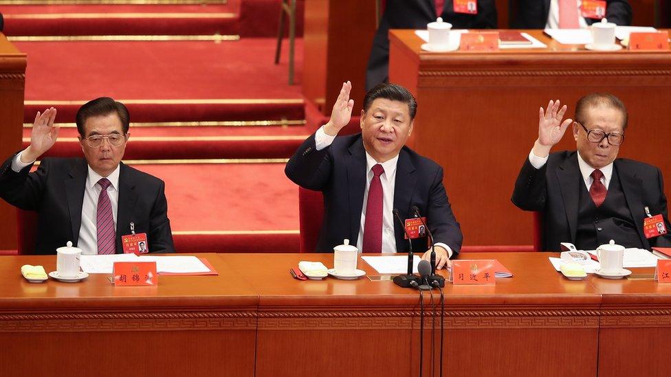 China's former leader, Hu Jintao, Chinese President Xi Jinping and China's former president Jiang Zemin