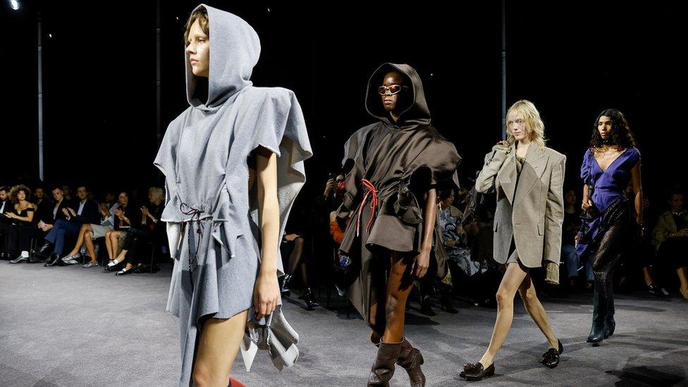 A model presents a creation by designer Andreas Kronthaler as part of his Spring/Summer 2024 Women's ready-to-wear collection show for fashion house Vivienne Westwood, during Paris Fashion Week in Paris, France, September 30, 2023