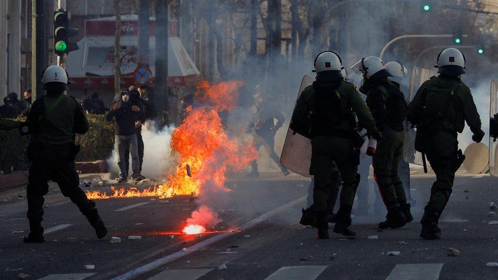 Riot police at a protest in Athens