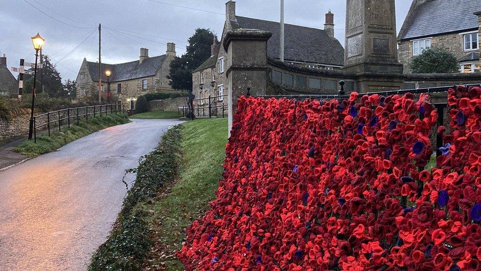 Knitted poppies at Gretton war memorial