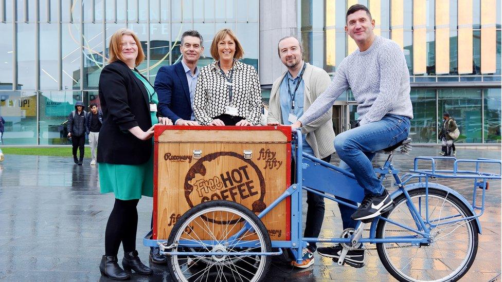 Left to right: Dr Jo Heaton-Marriott, Mal Fitzgerald and Dot Smith, with Simon Trelfa and Adam Petson from Recovery Connections