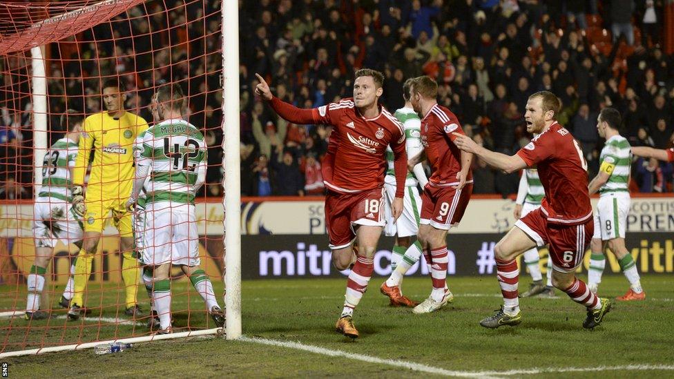 Simon Church celebrates after scoring for Aberdeen against Celtic