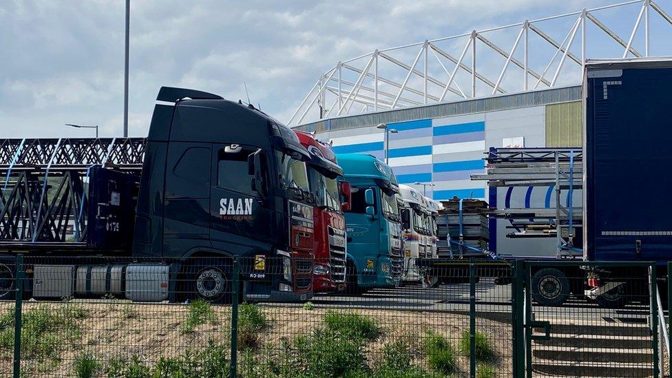 Production trucks outside Cardiff City Stadium