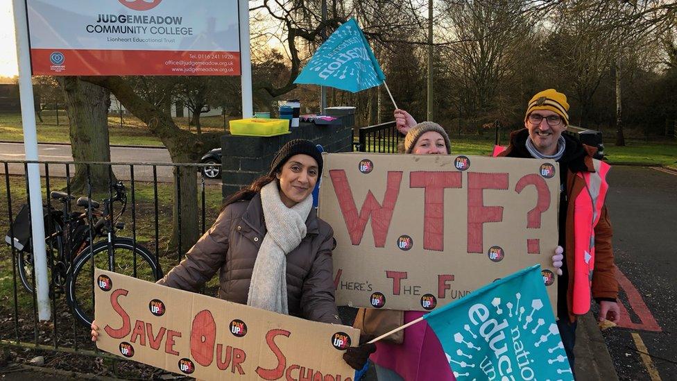 Teachers Sheetal Mistry, Kirsty Fairbrother and Simon Robinson outside Judgemeadow Community College