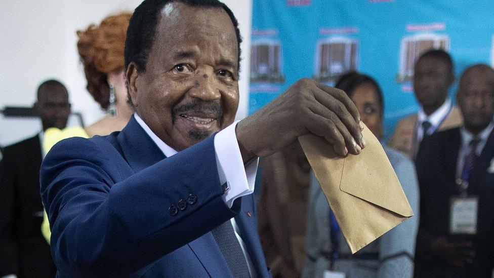 Cameroon President Paul Biya casts his ballot in the presidential elections at a polling station in the capital Yaounde, Cameroon, 07 October 2018