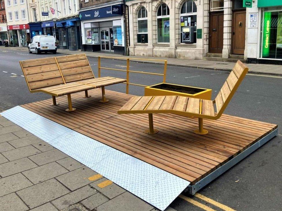 One of two parklets in Mercer Row, Louth, before they were taken away