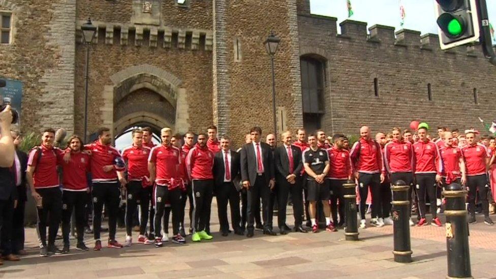 The Wales team outside Cardiff Castle