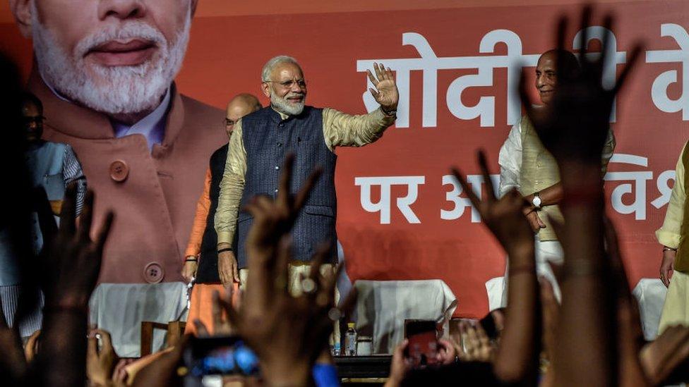 Narendra Modi speaks to the victorious party workers at the BJP party head quarters in New Delhi, India after winning the election on 23 May