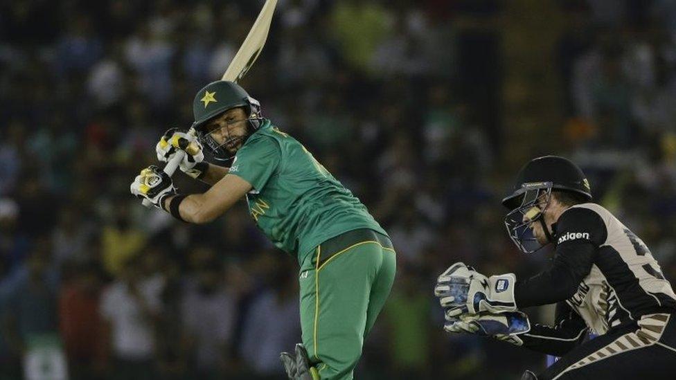 Pakistan's Shahid Afridi plays a shot during their ICC World Twenty20 2016 cricket match against New Zealand in Mohali, India,