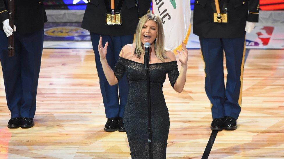 Singer Fergie on the basketball court of the NBA Al-Star Game in Los Angeles