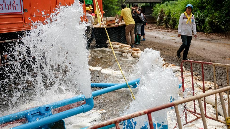 Pumping water from the cave where the boys are trapped