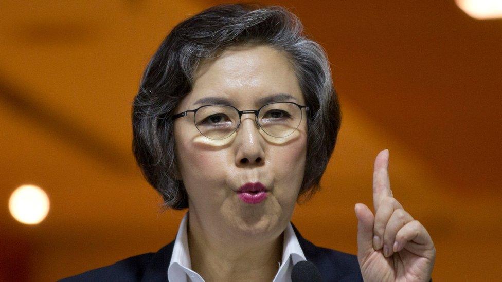 Yanghee Lee, Special Rapporteur on the situation of human rights in Myanmar, gestures during a media conference in Yangon, Myanmar on Friday, 1 July 2016.