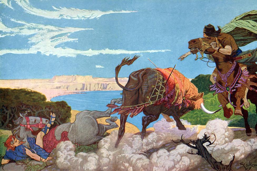 Painting of Gilgamesh on horseback slaying a bull