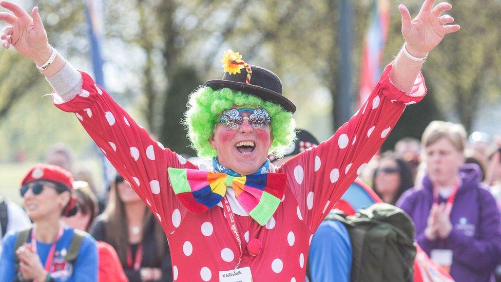 Man dressed as clown taking part in Kiltwalk