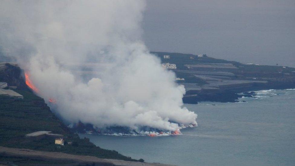 Lava flows into the sea, as seen from Tijarafe