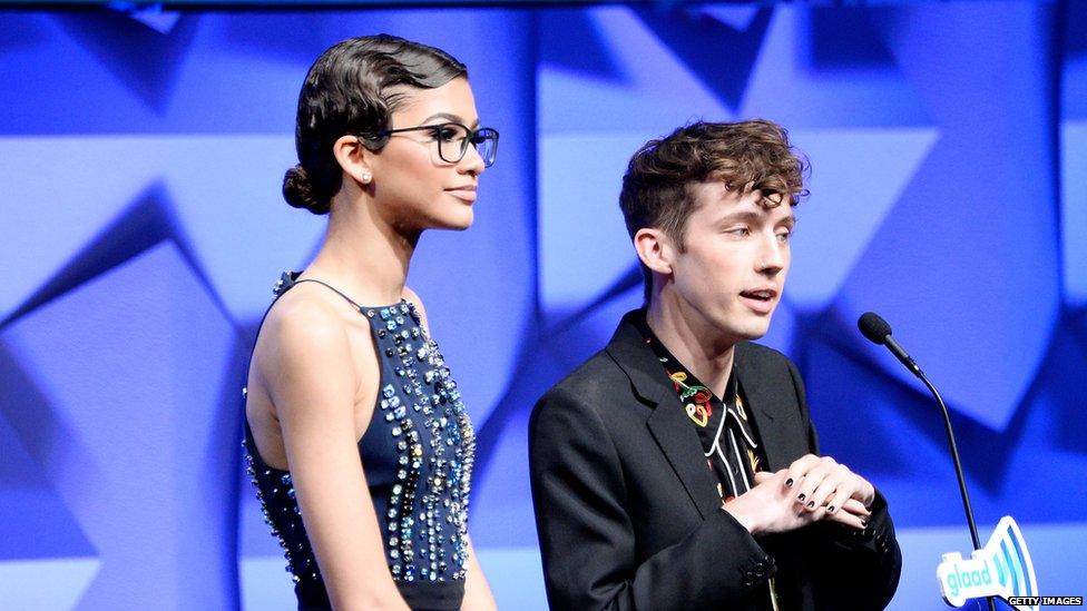 Recording artists Zendaya and Troye Sivan speak onstage during the 27th Annual GLAAD Media Awards