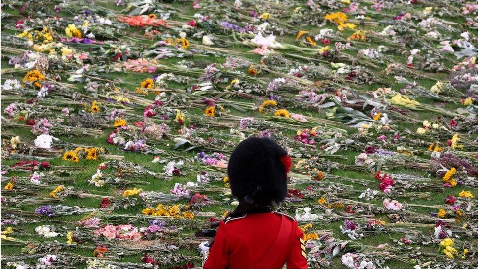 A soldier in front of flowers at Windsor