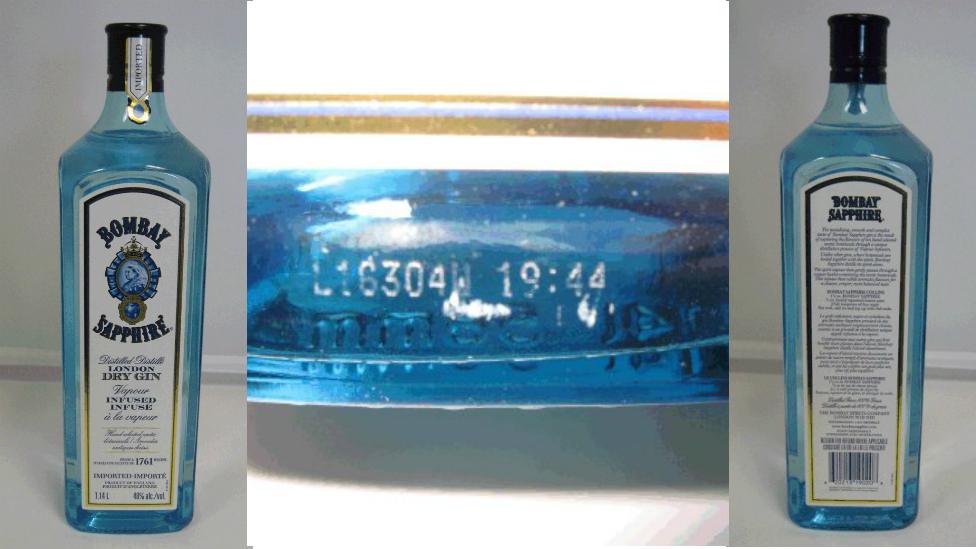 The recalled bottles on gin with the batch number code