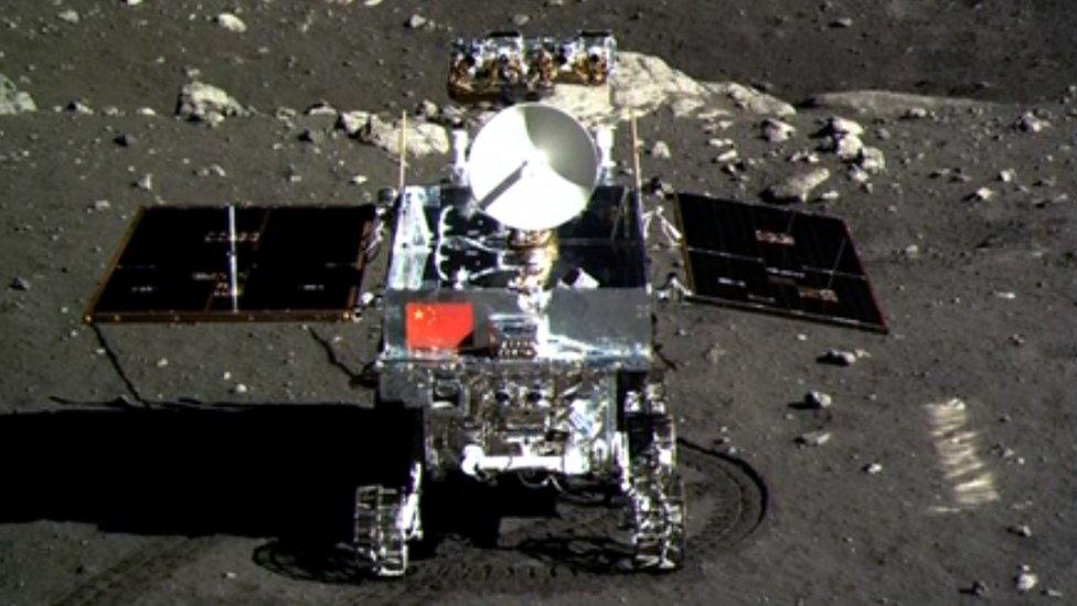 This screen grab taken from a CCTV footage shows a photo of the Jade Rabbit (Yutu) moon rover taken by the Chang"e-3 probe lander on December 15, 2013.