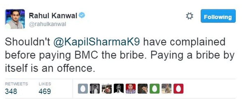 Shouldn't @KapilSharmaK9 have complained before paying BMC the bribe. Paying a bribe by itself is an offence.