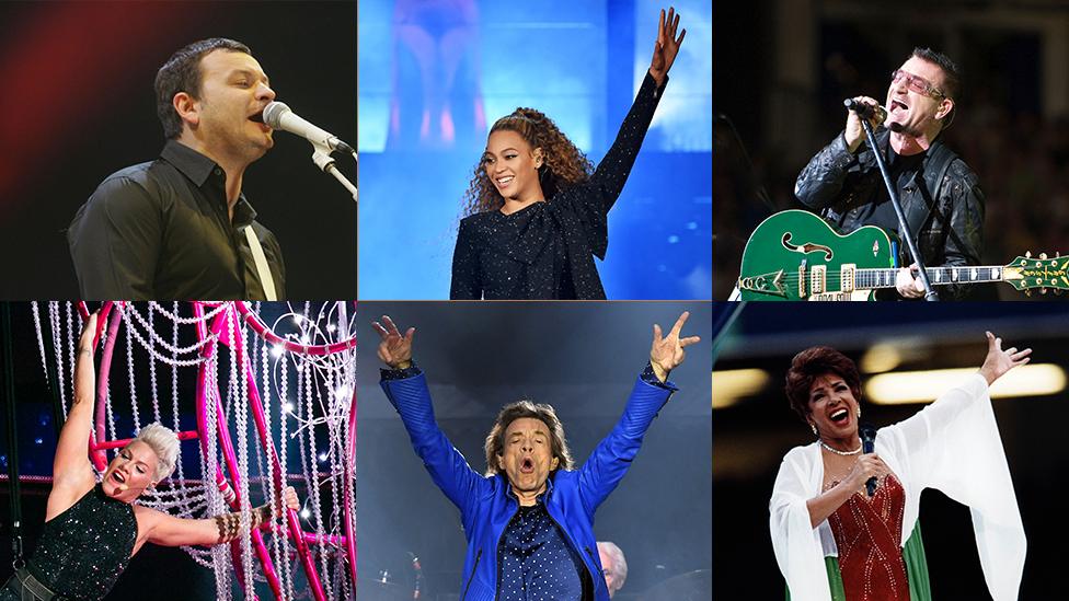 Clockwise from top left: James Dean Bradfield; Beyonce; Bono; Pink; Mick Jagger; Shirley Bassey