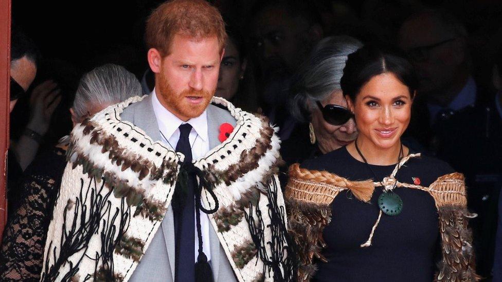 Prince Harry and Meghan, the Duchess of Sussex attend a formal powhiri welcoming ceremony and luncheon in Te Papaiouru, Rotorua, New Zealand