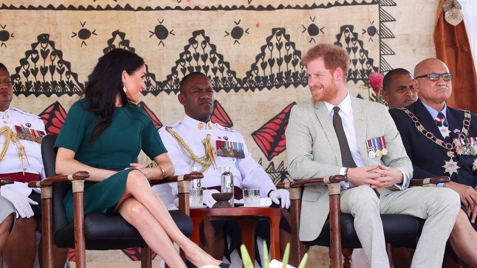 Britains Prince Harry and Meghan, Duchess of Sussex, in Nadi, Fiji