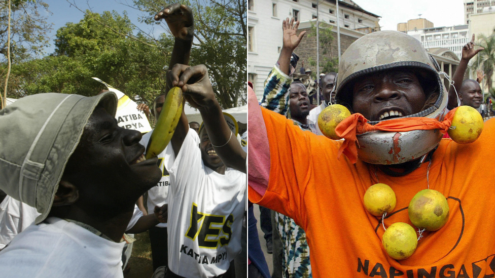 L: A "yes" voter with a banana R: A "no" voter with oranges during campaigning ahead of Kenya's 2005 referendum on a new constitution