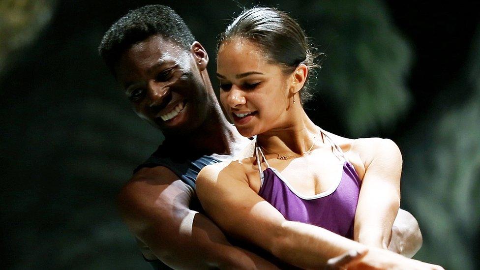 Misty Copeland (R) and Brooklyn Mack during the rehearsal of Swan Lake at the Eisenhower Theatre at the Kennedy Centre, 7 April 2015