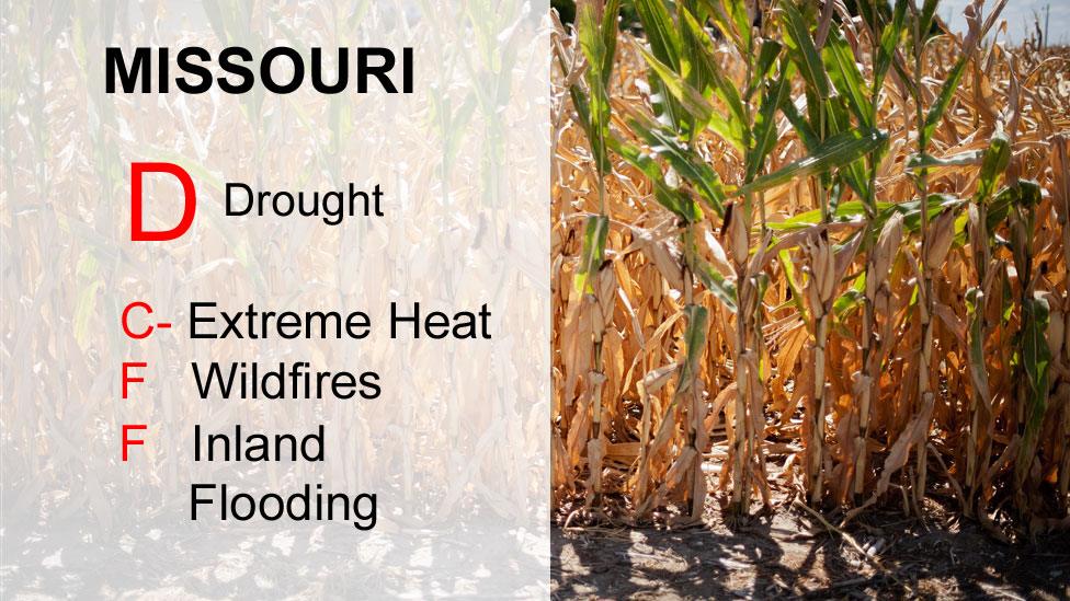 Missouri scores D Drought, C-Extreme heat, F Wildfires, F Inland Flooding