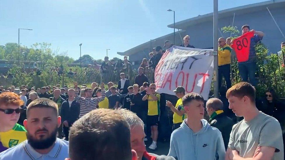 Norwich City fans with 'Delia out' banner