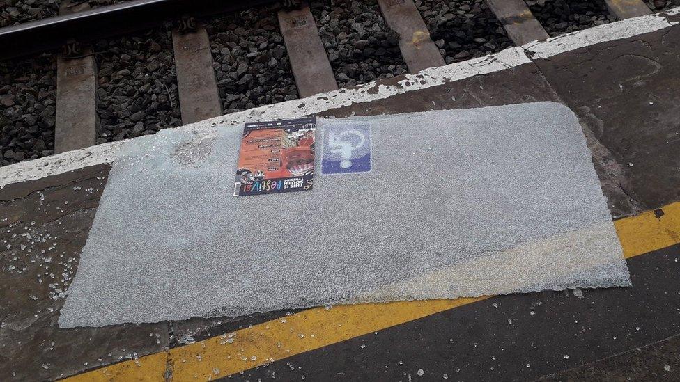 A broken metro window at Tynemouth station