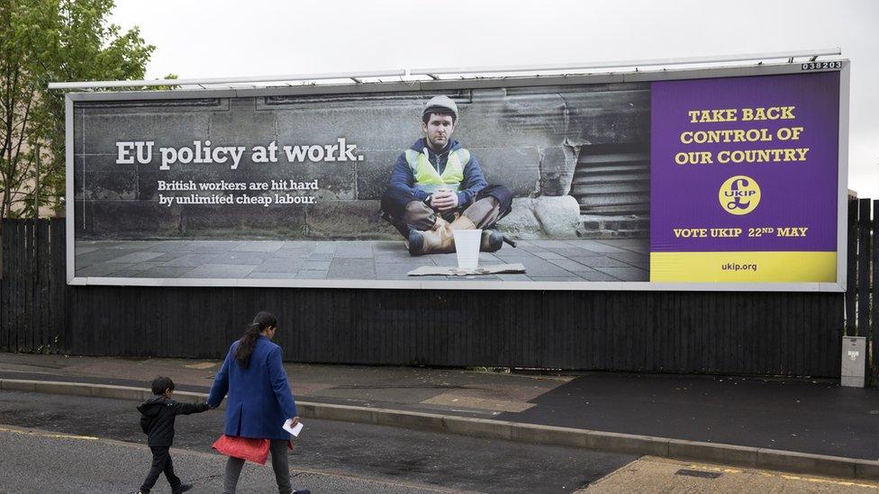 A United Kingdom Independence Party (UKIP) poster is displayed on April 26, 2014 in Luton, England