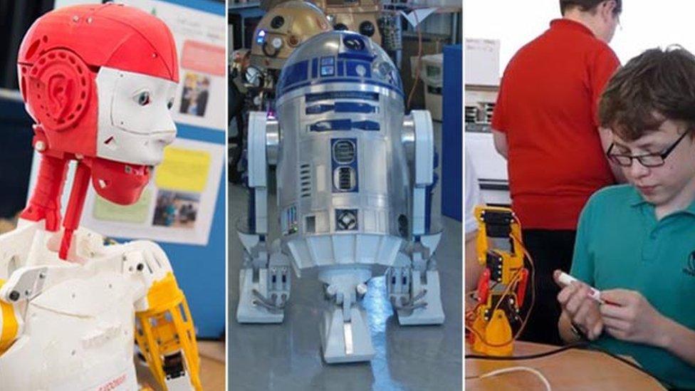 Robots, including a replica of Star Wars droid, R2-D2