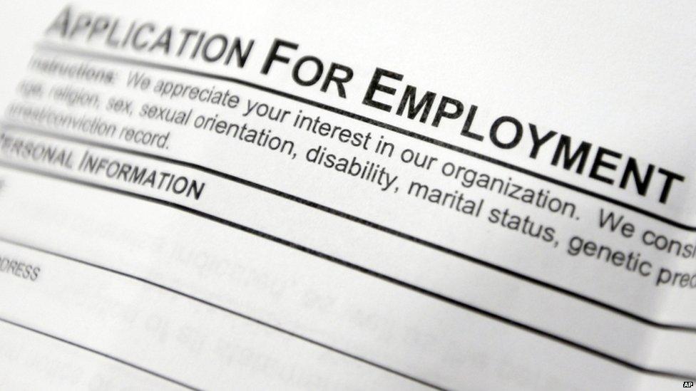 An employment application form on a table during a job fair at Columbia-Greene Community College in Hudson, New York on 22 April 2014