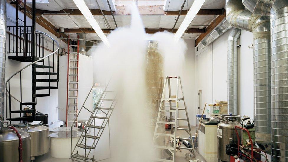 Patient Care Bay (Bigfoot dewar being filled with liquid nitrogen), Alcor Life Extension Foundation, Scottsdale, Arizona.