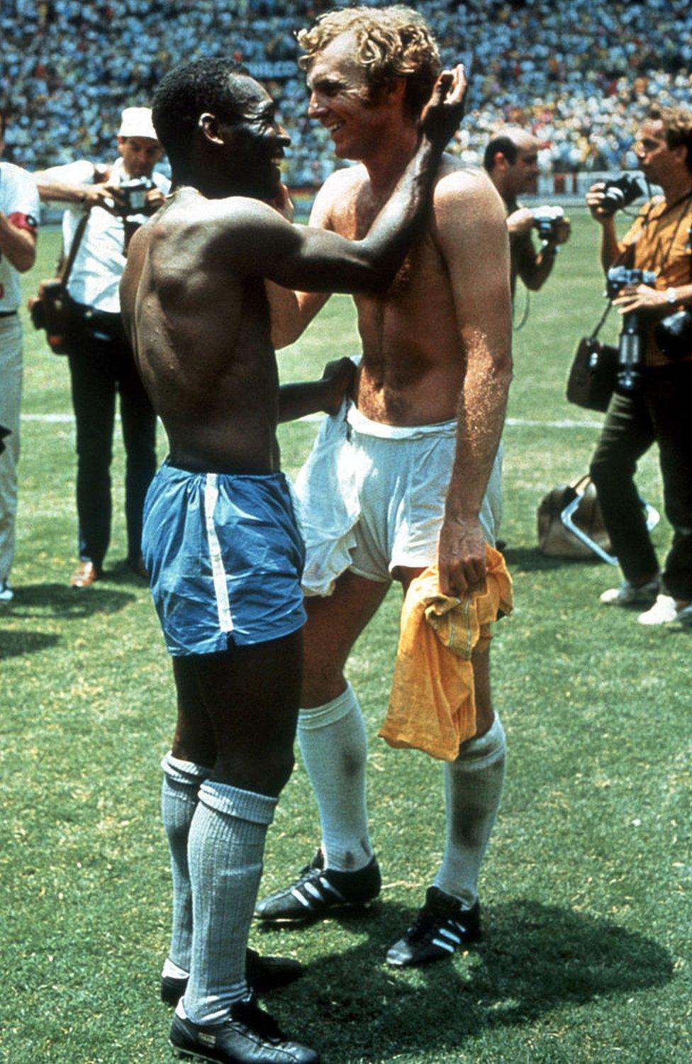 Pele (left) and Bobby Moore swap shirts after Brazil and England's clash in the 1970 World Cup in Mexico