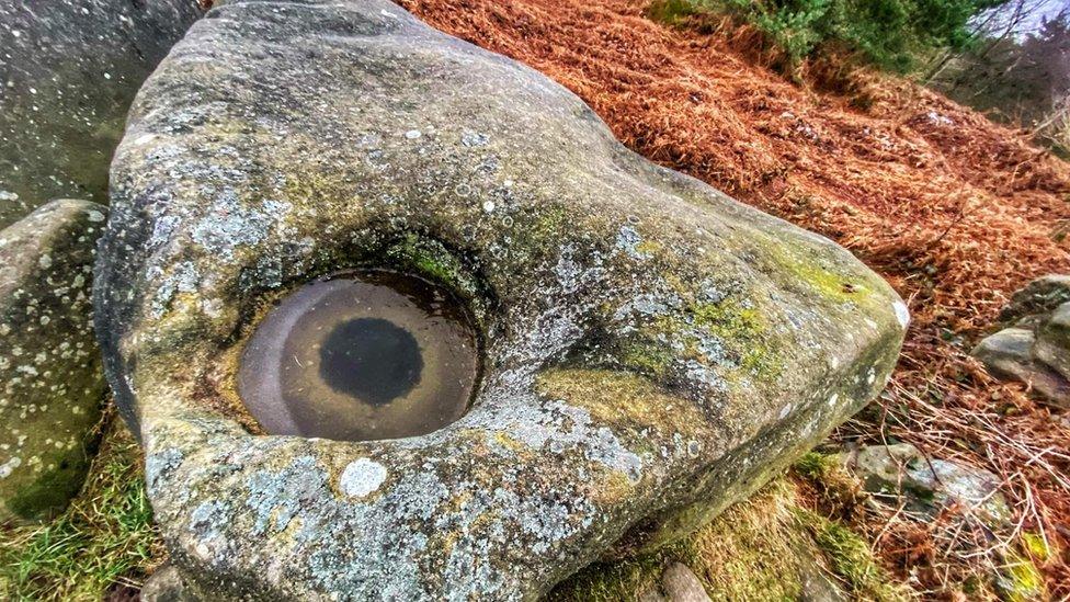 Frost pattern in the hollow of a rock on Stanton Moor Edge