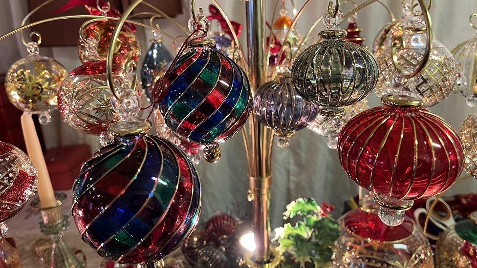 Display of colourful glass Christmas baubles