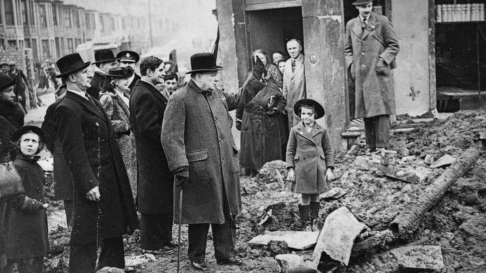 Winston Churchill in Bristol after the city was hit by German bombing raids